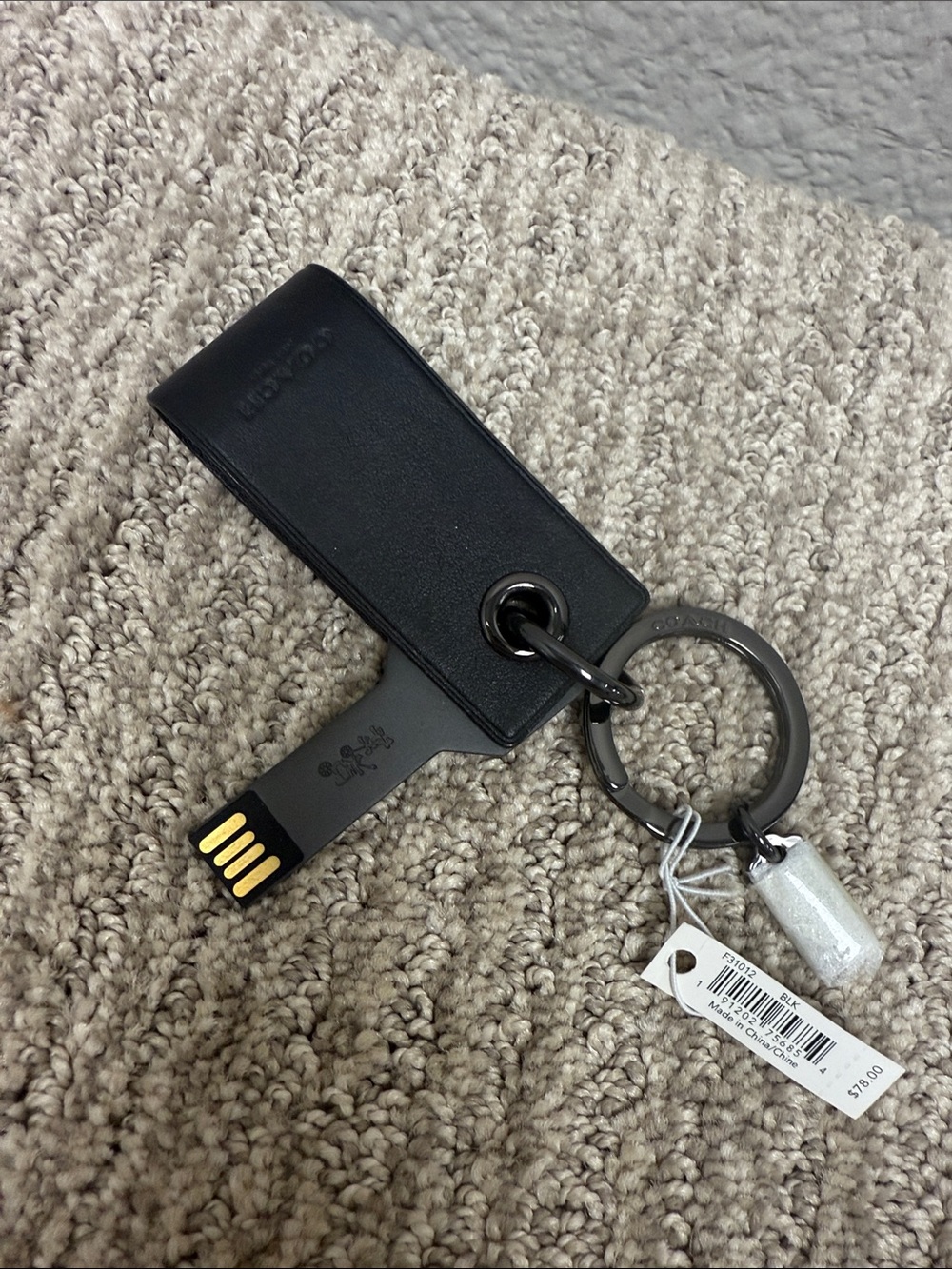 Coach Black Leather Key Fob USB Flash Drive Keychain